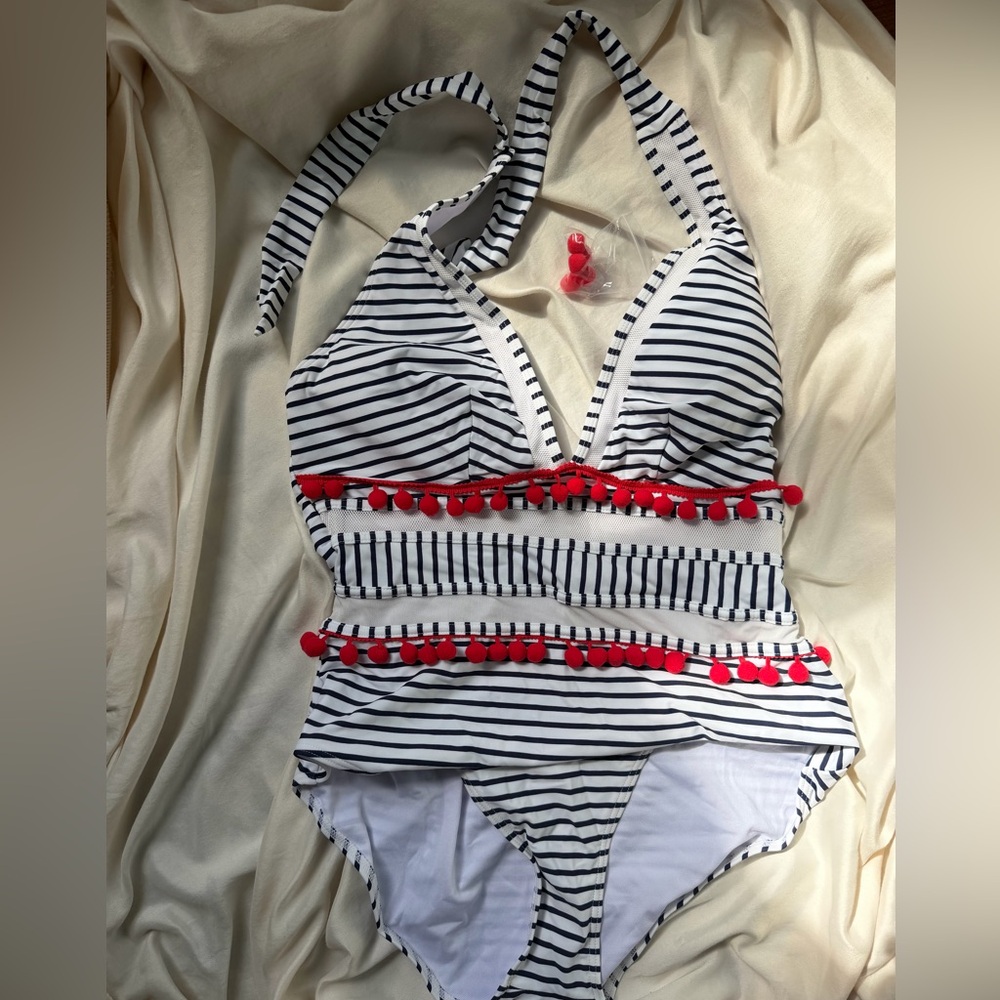 COCOSHIP Navy and White Striped Halter Swimsuit with Red Pom Accents